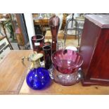 Four glass cylindrical vases and sundry glassware