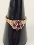 9ct yellow gold Ruby and diamond cluster ring, size Q and another 9ct gold example, AF stones missin