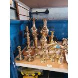 A quantity of brassware including candlesticks, and other metalware