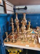 A quantity of brassware including candlesticks, and other metalware