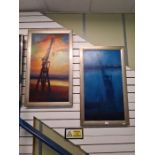 Two similar modern oils of Dock Cranes in night and day settings, by Lee Campbell,, 49 x 89cm, both