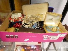 Tray of mixed costume jewellery including simulated pearls, vintage Certina watch, etc