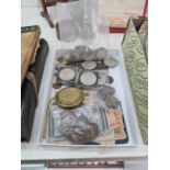 Mixed coinage and bank notes to include two Victorian Crowns and a Crystal Palace medallion, by Pinc