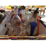 Three cartons of assorted glassware including decanters and vases