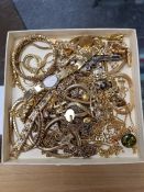 A tray of vintage and modern gold coloured costume jewellery to include a Philip Mercier watch, neck