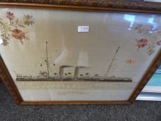 A Victorian silk and needlework picture of H.M.S. Pandora, 66.5cm x 55.5cm and one other print of th