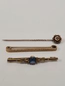 15ct yellow gold stick pin the head set with a diamond chip, 9ct bar brooch and yellow metal bar bro