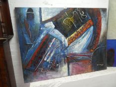 Two large modern abstract style paintings, unframed