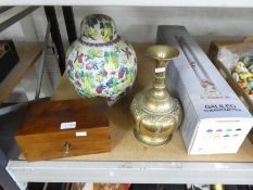 A mahogany tea caddy an oriental style ginger jar and two other items