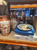 A selection of oriental pottery vases, collectors plates etc and wooden Parka picture