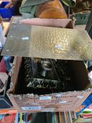 A box of mostly brass ware including Footman and various brass animals, etc