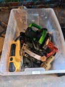 A box of power tools to include a De-Walt Jigsaw