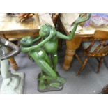 A modern bronze sculpture of two frogs in pose, 102cm