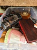 Six boxes of various ceramics and treen, boxes and metalware and a mini oven