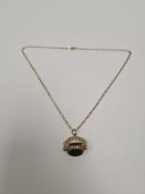 9ct yellow gold belcher chain, marked 375, hung with 9ct gold pendant seal inset 3 hardstone panels,