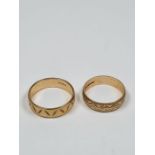 Two 9ct gold wedding bands both marked 375 of decorative design size O & L, approx 4.55g