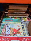 A quantity of vintage Rupert Bear annuals, 1960s and 70s and other sundry books