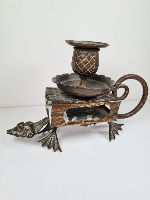 A quirky late Victorian Gothic Townshend & Co copper and brass portable candleholder and matchbox ho - Image 4 of 5