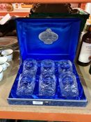 A set of 6 Whisky tumblers in fitted box, engraved QEII, by Glencairn