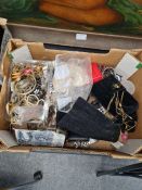 Box of mixed costume jewellery, watches, bank notes, silver lockets, etc
