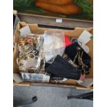 Box of mixed costume jewellery, watches, bank notes, silver lockets, etc