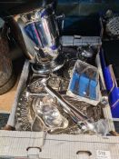 Two cartons of silver plated items including champagne bucket and large tray