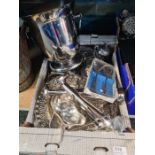 Two cartons of silver plated items including champagne bucket and large tray