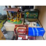 A German tinplate clockwork fairground ride, battery cat, Dinky 362 Starfigther and others