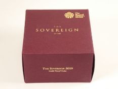 The Royal Mint; A 22ct yellow gold Gold Proof Sovereign in capsule dated 2019, number 3446/12270 wit