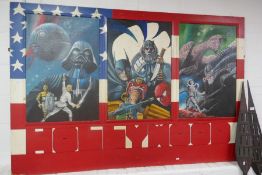 A painted display of Star Wars, Alien and other super heroes, 182cm
