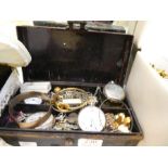 Metal box containing silver pocket watches, watch chains rolled gold bangle, silver fob watch, etc
