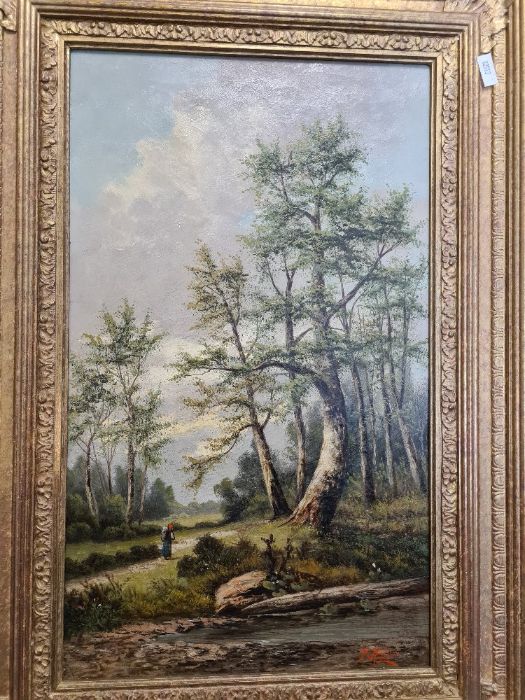 A pair of Victorian style oil paintings of figures in wooded landscape, signed G. Kaller, 30.5cm x 5 - Image 4 of 5