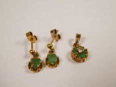 Pair 9ct yellow gold drop earrings set with emeralds and similar emerald and diamond chip pendant bo