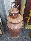 A large copper plated milkchurn stamped Ambrosia Ltd and a copper kettle