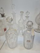 A small Georgian glass decanter, engraved leaves and 4 others
