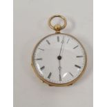 Continental 18ct yellow gold cased ladies fob watch with white enamel dial and Roman numerals, plate