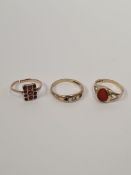 9ct gold signet ring set with oval Carnelian panel, 9ct gold diamond and sapphire gypsy ring and ano