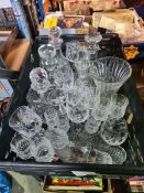 A box of cut glass drinking vessels and decanters, including Ships variety