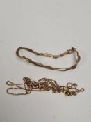 9ct gold twisted flat link bracelet, 9ct gold neckchain and another AF, all marked, 5.24g