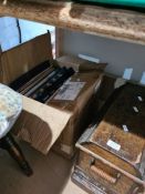 A small quantity of vinyl LPs and an old sewing machine in oak case