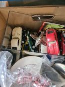 A carton of model cars, a pair of vintage wing mirrors and similar items