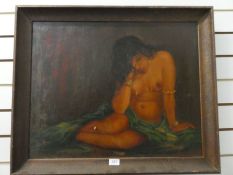A mid 20th century oil of semi nude lady with blanket