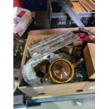 A box of glass, treen and pottery, etc