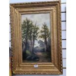 A pair of Victorian style oil paintings of figures in wooded landscape, signed G. Kaller, 30.5cm x 5