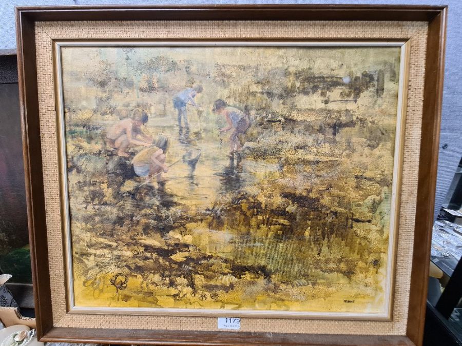 Wendy Jelbert; an oil of children rock pooling titled "The Catch" signed 54 x 44cm