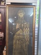 A large brass rubbing of Medieval style soldier with chain link armour