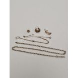 9ct gold belcher chain marked 9C, fine 9ct gold chain, 9ct gold bracelet earring and heart etc, appr