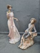 A Lladro figure of lady holding flowers and one other of seated man with dog