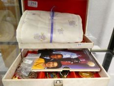 Jewellery box containing silver jewellery, coins, earrings, brooches, etc