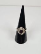 18ct white gold garnet topped doublet (worn) and diamond chip cluster ring, hallmarked 750, size O,